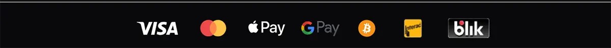 Payment methods strip showing Visa, Mastercard, Apple Pay, Google Pay, Bitcoin, Interac, and Blik logos on a dark background.