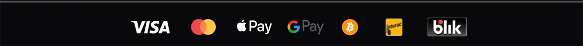 Payment methods strip showing Visa, Mastercard, Apple Pay, Google Pay, Bitcoin, Interac, and Blik logos on a dark background.